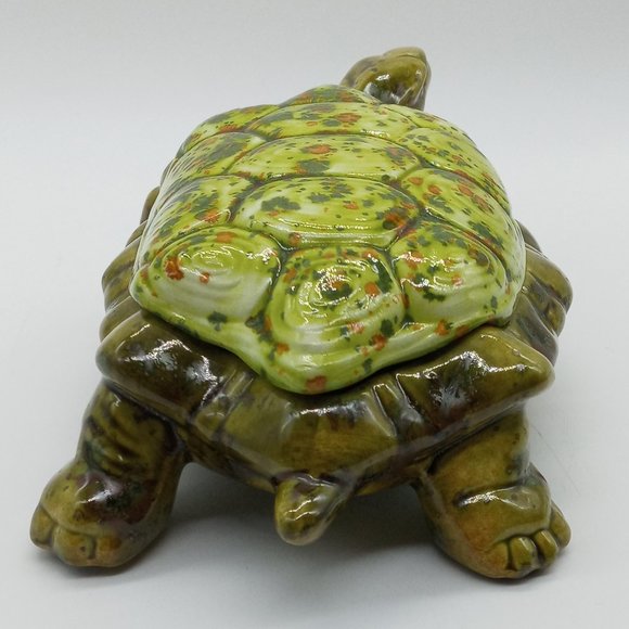 Vtg Arnels Pottery Turtle Candy Dish Lidded Trinket Ceramic Green Orange Speckle - Picture 4 of 10